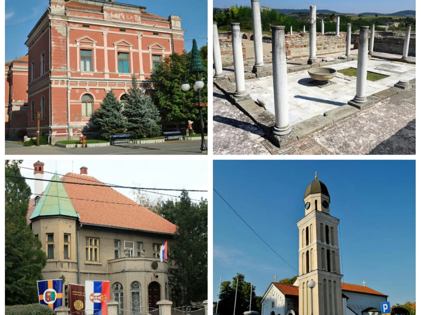Photo collage of Zaječar showing administrative buildings, a church and the columns of Felix Romuliana